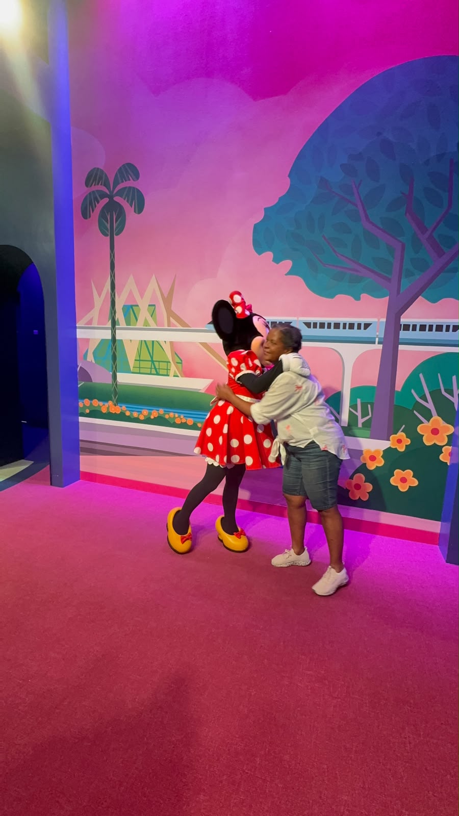 Flavia abraçando a Minnie durante um encontro com personagens